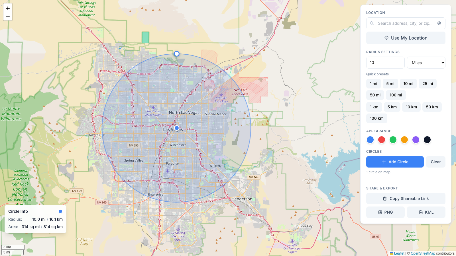 10 mile radius circle drawn around Las Vegas with the free radius map tool